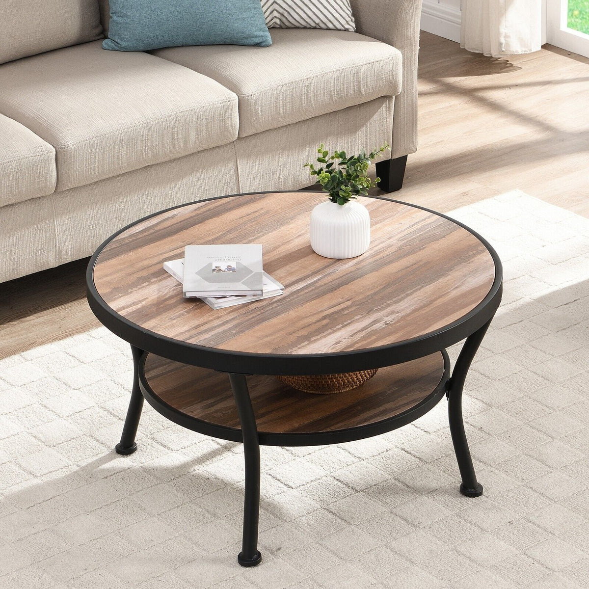 Rustic Round Coffee Table with Open Shelf