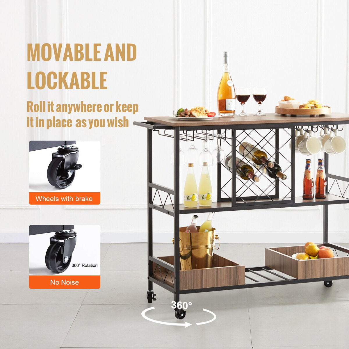 3-Tier Rolling Bar Cart with Wine & Glass Storage