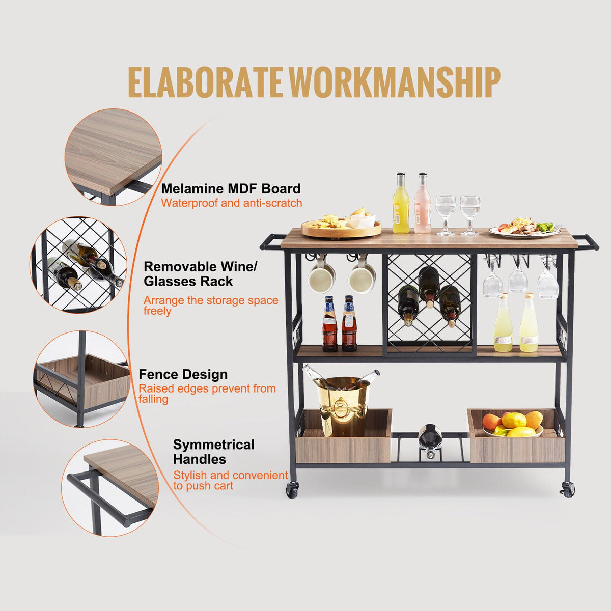 3-Tier Rolling Bar Cart with Wine & Glass Storage