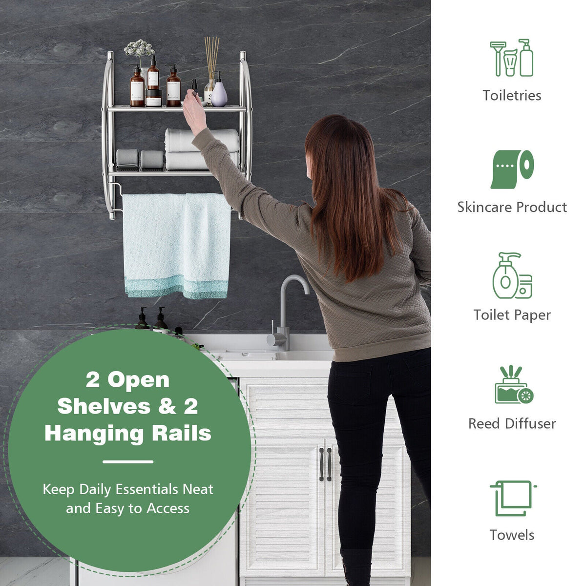 Wall-Mounted Two-Tier Towel Shelf with Twin Rails
