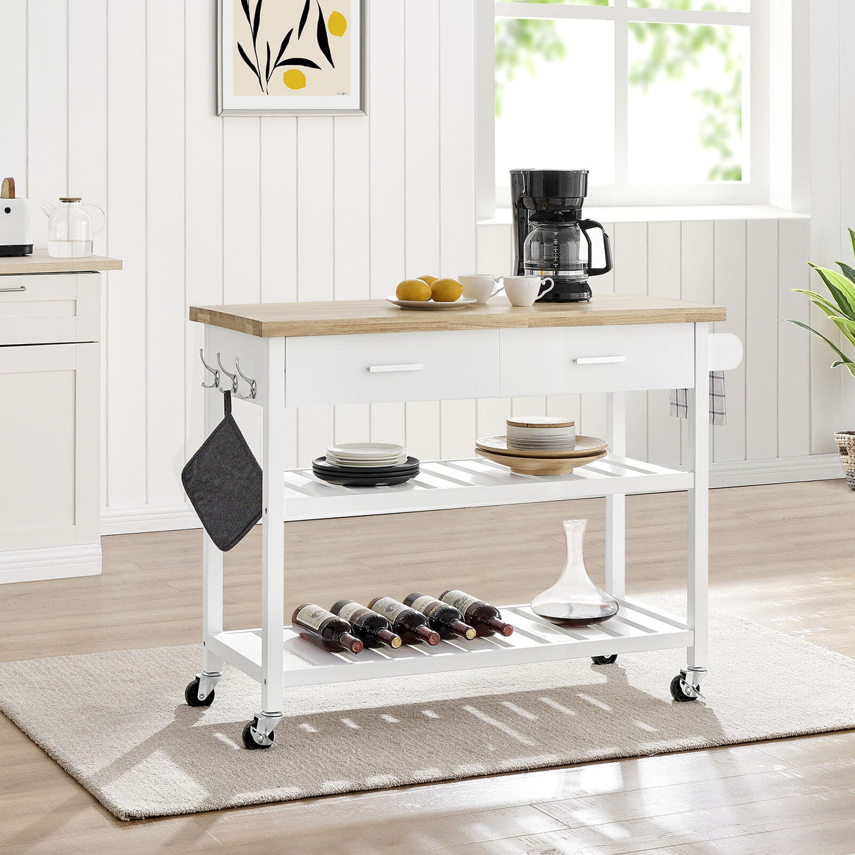 White Rolling Kitchen Island with 2 Drawers & Shelves