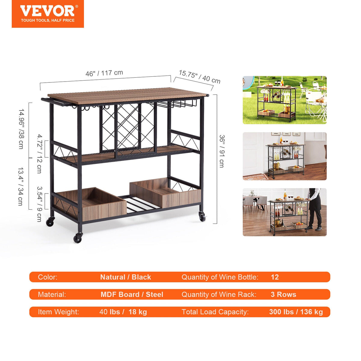 3-Tier Rolling Bar Cart with Wine & Glass Storage