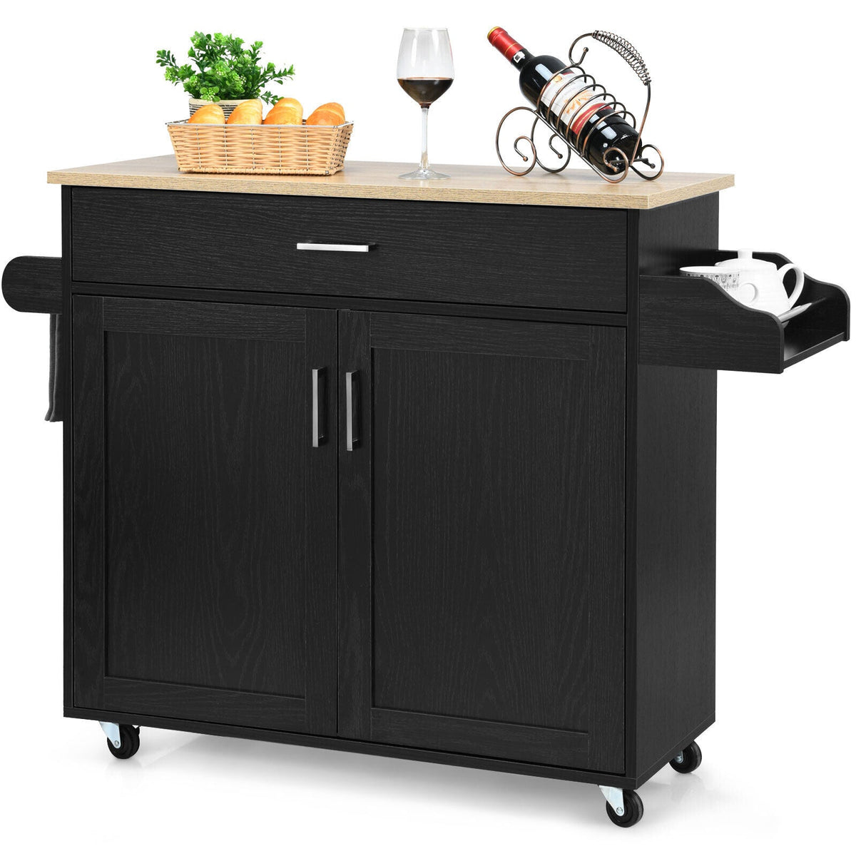 Rolling Kitchen Island with Drawer, Cabinet & Side Racks