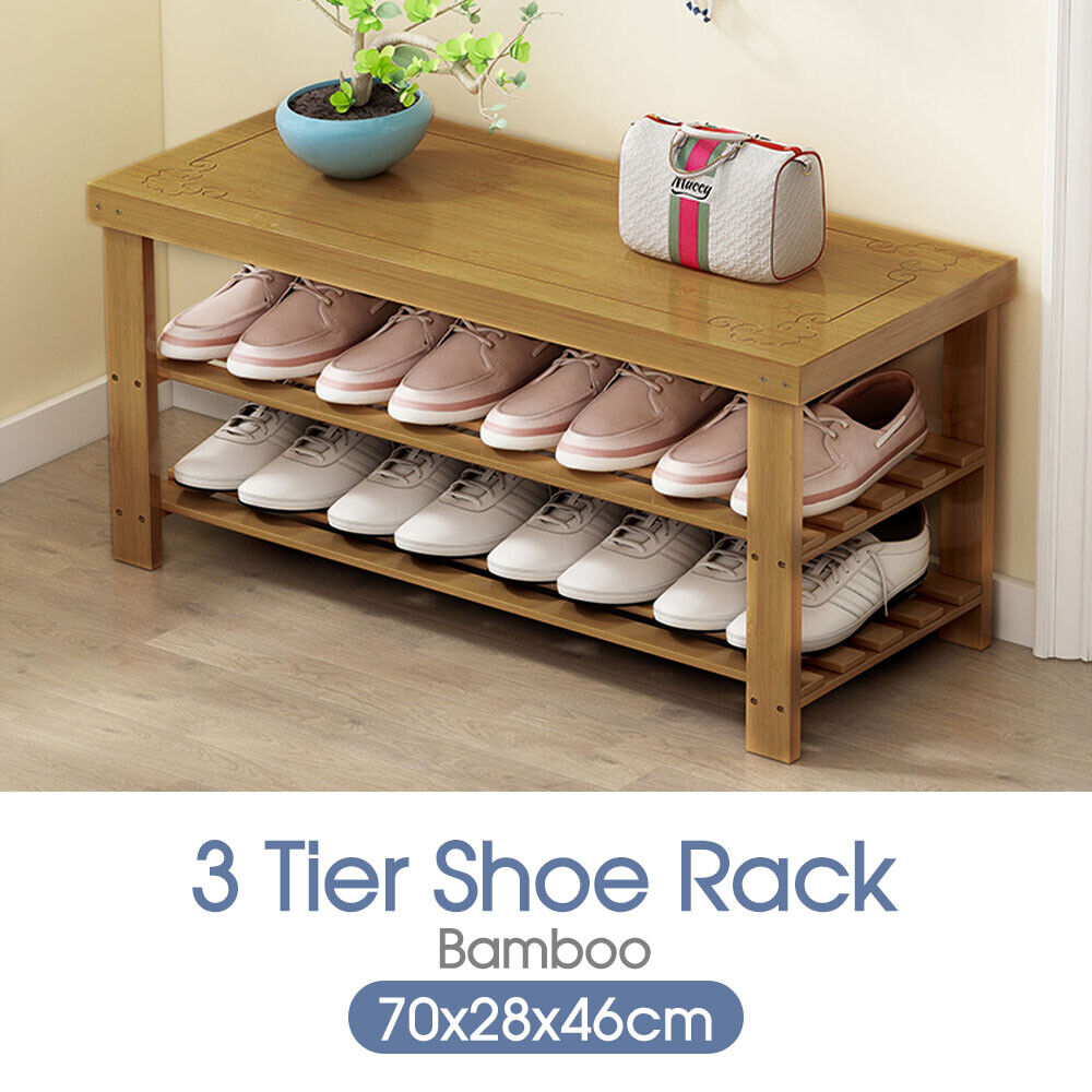 3-Tier Bamboo Shoe Rack Bench with Reinforced Crossbar