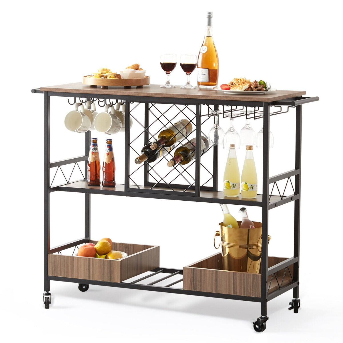 3-Tier Rolling Bar Cart with Wine & Glass Storage