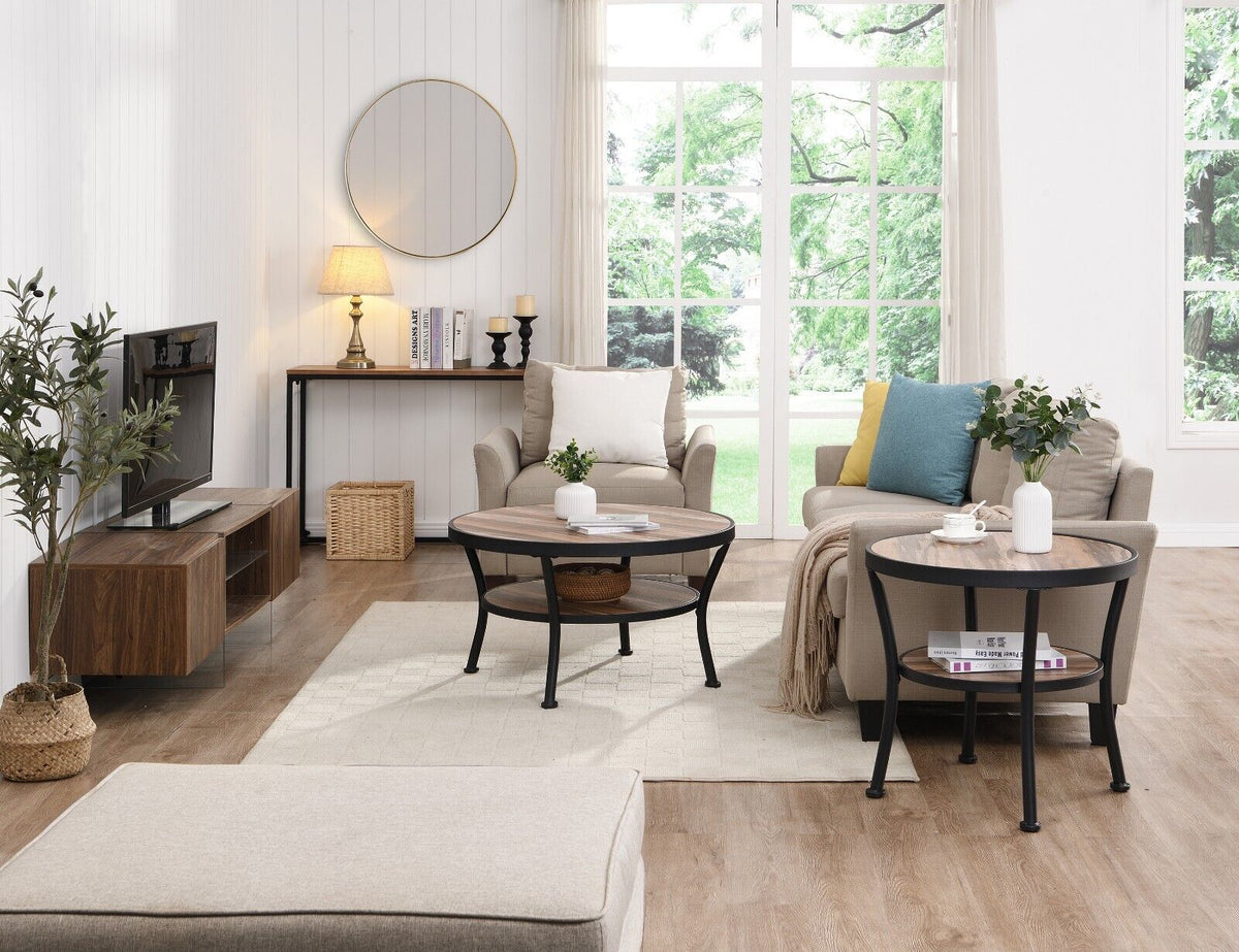 Rustic Round Coffee Table with Open Shelf