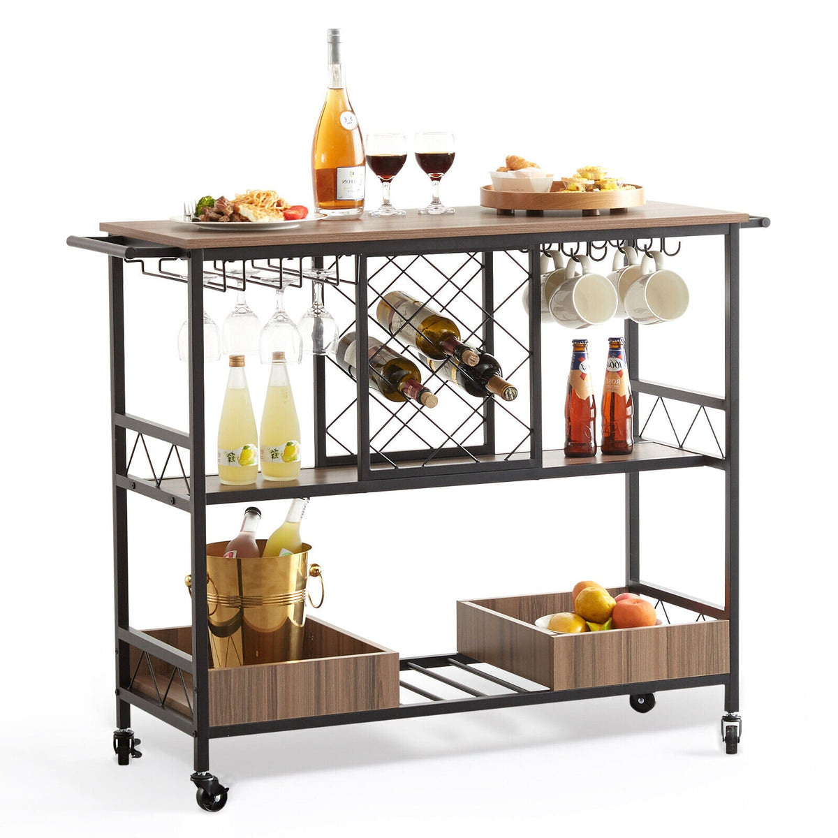 3-Tier Rolling Bar Cart with Wine & Glass Storage